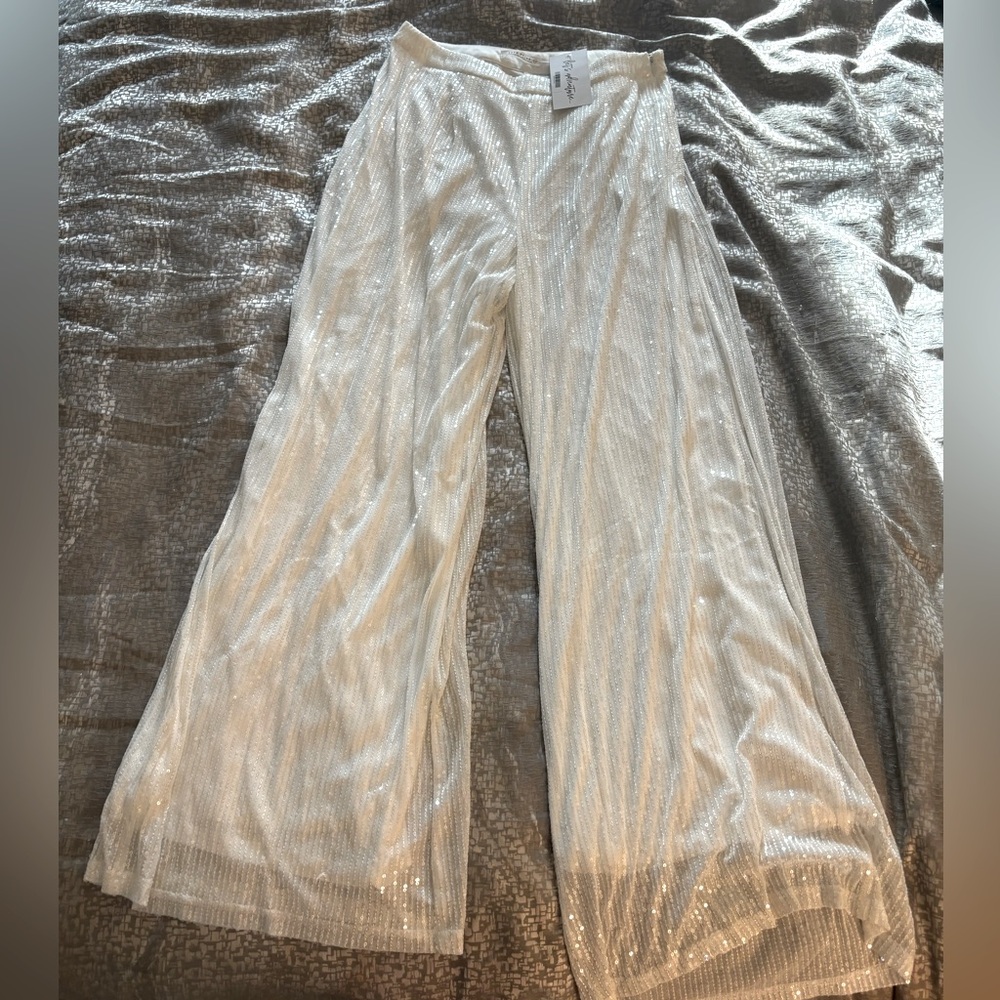 12th Tribe White Sequin Wide-Leg Pants